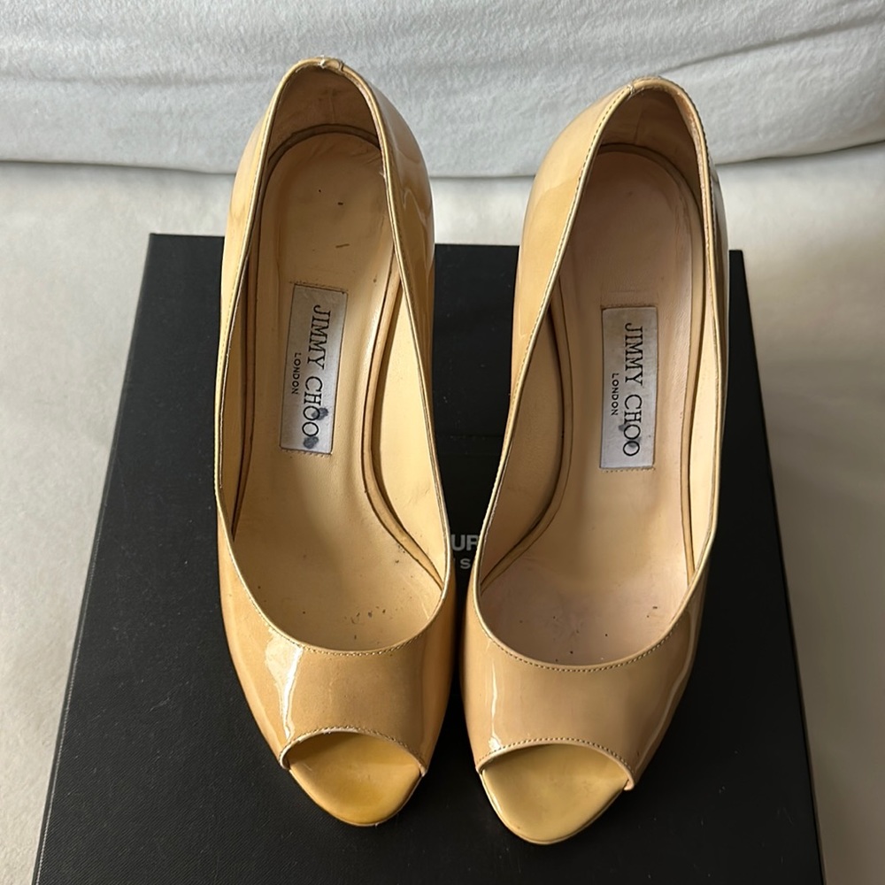 Jimmy Choo Patent Leather Tan Open Toed Pumps